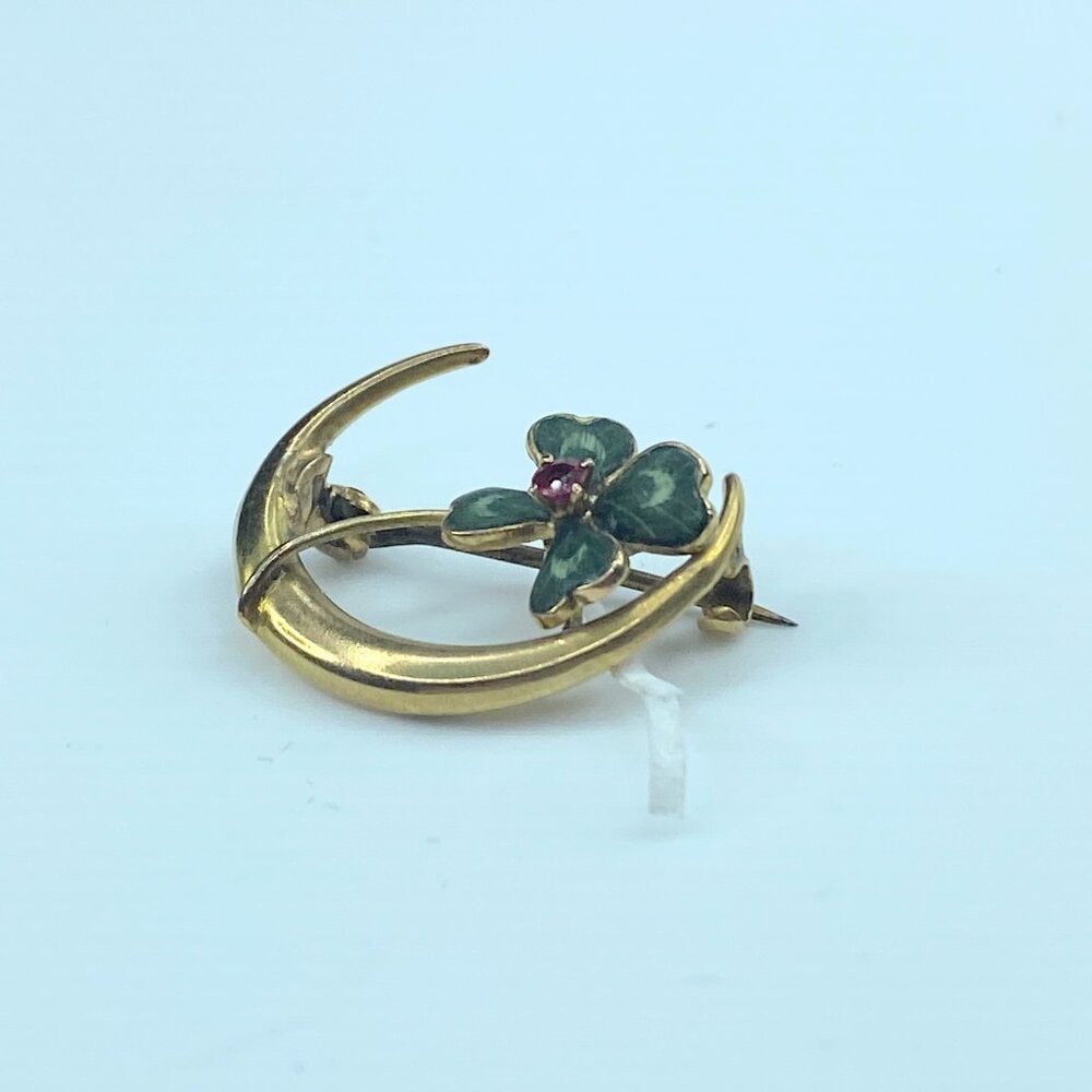 Art Deco Ruby Shamrock Clover Enamel Crescent Moo… - image 2